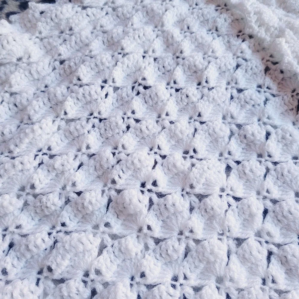 Handmade White Crochet Popcorn Stitch Triangle Fringe Shawl Wrap Boho Vintage